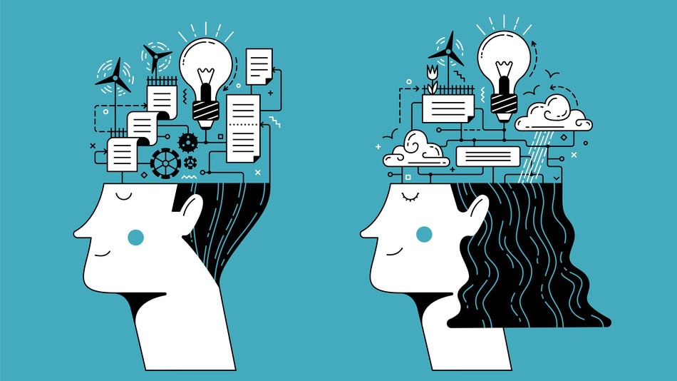Ilustración concepto de procesos mentales en un hombre y una mujer